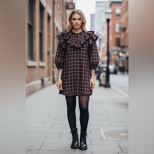 Something Navy Red Plaid Ruffle Dress